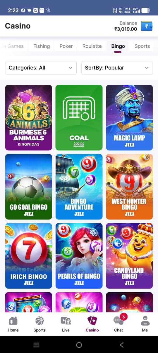 Casino interface screenshot