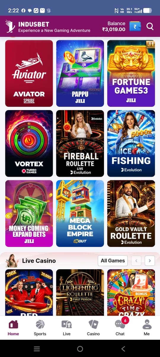 Supplied home screen showing the Indusbet game discovery feed