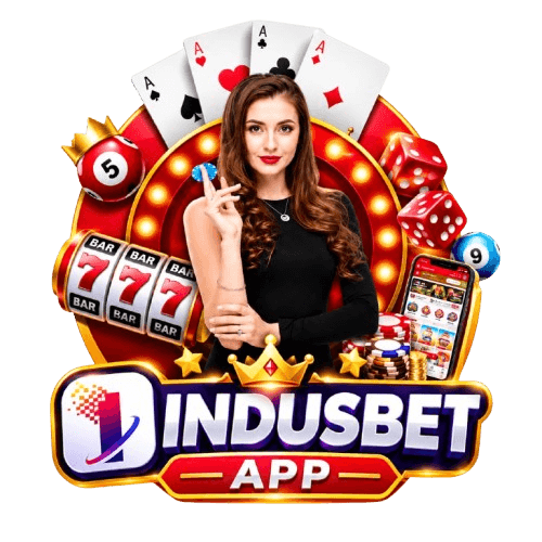 Indusbet app brand artwork featuring cards, dice, chips, and the app icon